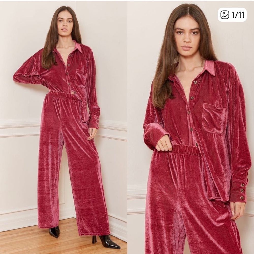 FREE PEOPLE Kit Kat Berry Red Velvet Two-Piece Pant Set